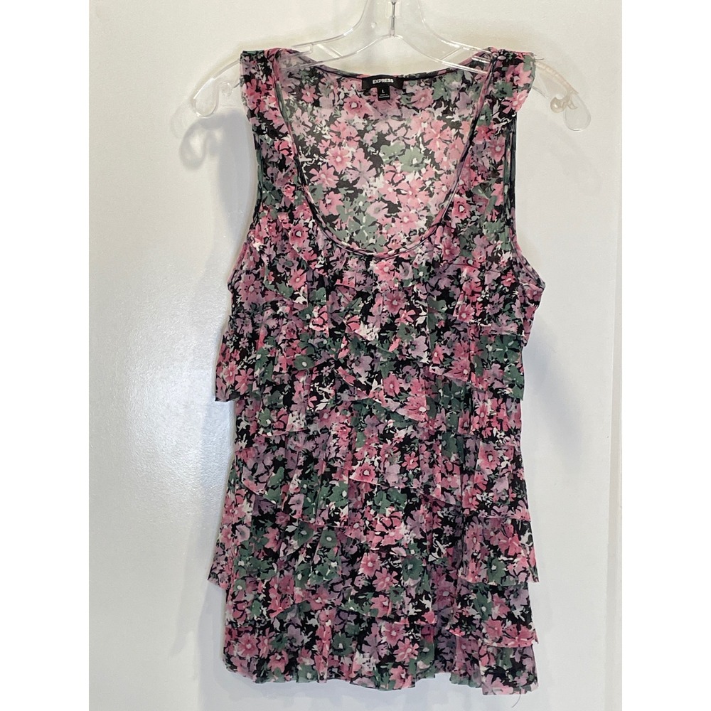 Boho fairy Grunge Coquette Floral Tank Top Ruffle Mesh Large Sleeveless Sheer